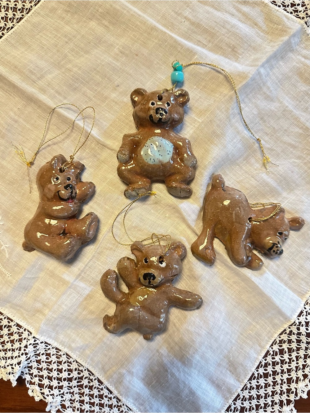 Handmade Ceramic Bear Christmas Ornaments Set of 4 Signed SL Pottery